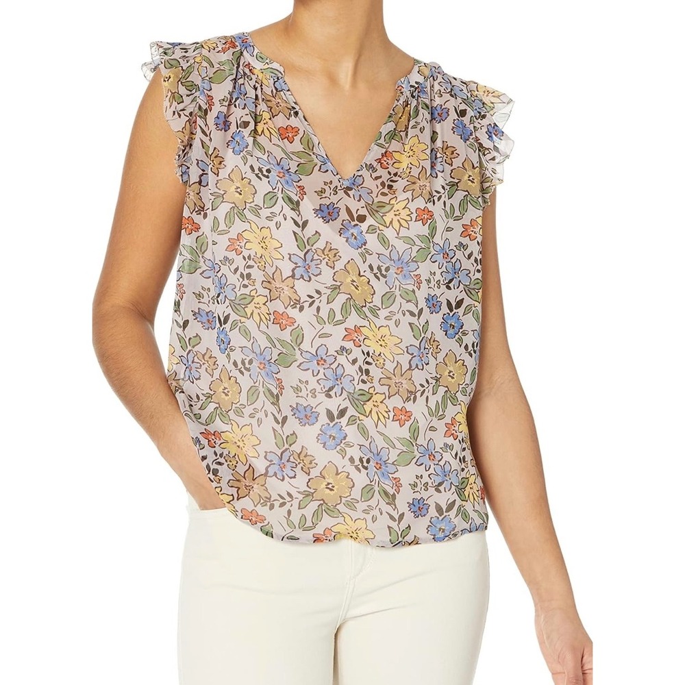 Velvet by Graham & Spencer Floral Ruffle Cap Sleeve Blouse Mauve Multi XS